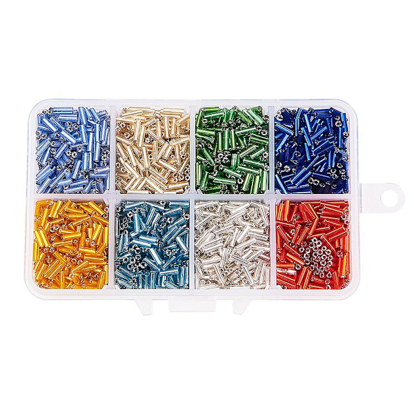 Liten ask med cirka 3500 st 8 blandade färger silverfodrade glasrörpärlor för smyckestillverkning, 6x1,8 mm