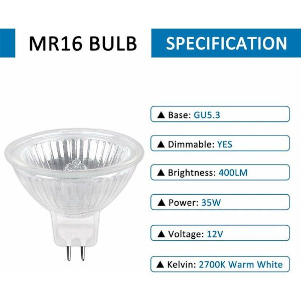 Halogenpære GU5.3 35W 12V, 400lm varm hvid 2700K dæmpbar, MR16 Halogen Spotlys pære, pakke med 6