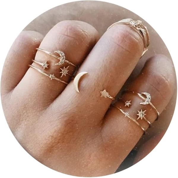 Baicccf Boho Gull Stakkbare Ringer For Kvinner Gull Knuckle Ringer Sett Enkle Stjerne Måne Blomst Ringer For Tenåringsjenter Stakkbare Estetiske Ringer Gaver For Tee