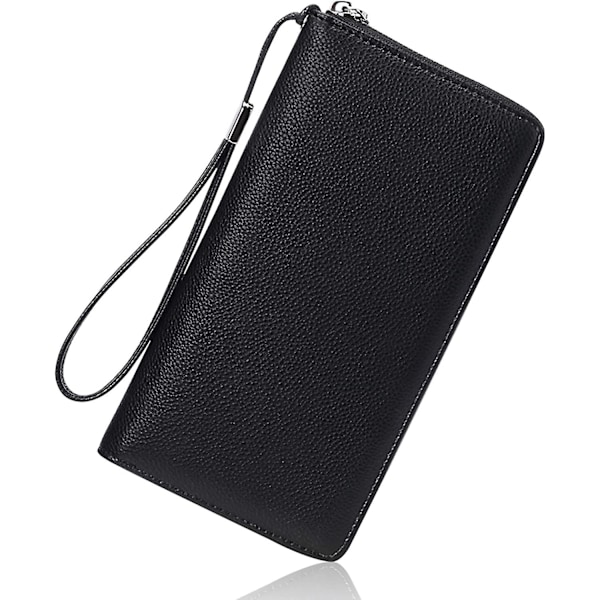 Aa-black Damepung RFID Blokering Læder Lynlås Pung Stor Kapacitet Lang Pung Kreditkort Clutch Håndledsrem