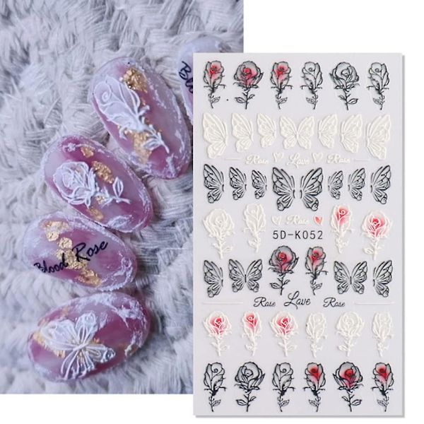5D Utsökta Blommor Nagelkonst Dekaler Ros Fjärilar Kärlek Nageldekaler Alla hjärtans dag Nageltillbehör Dekorationer Fjäder Bröllop Design Nagelfolie Akryl