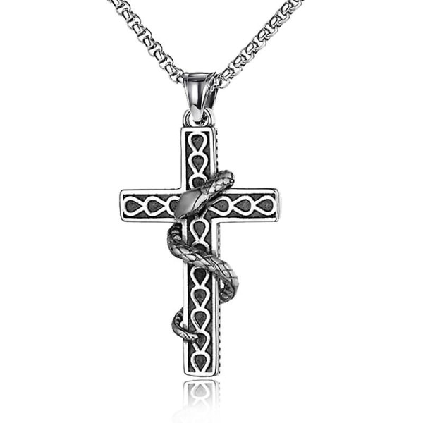 Silver Snake Surrounded Cross Halsband 925 Silver, Religiösa hänge för män