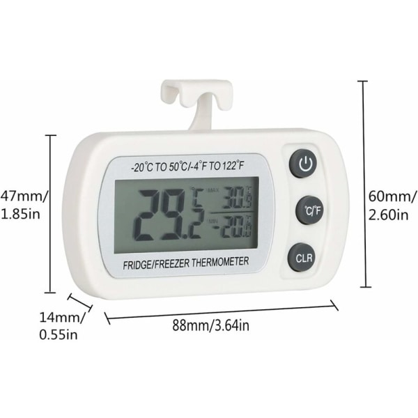 2 st digitala kyl- och frys termometrar temperatur -20 till 50°C med krok, lättläst LCD-display, max min-registreringsfunktion