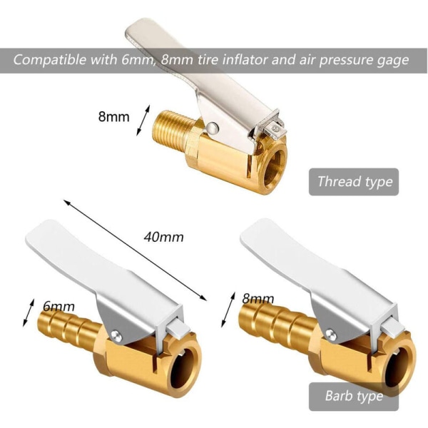 3 st mässingsmunstycken för uppblåsning, luftpumpklämma, ventiladapter för bildäck, för bil- eller lastbilsdäck, 3 modeller (M8 gängad, 6 mm, 8 mm)