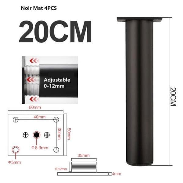 4 justerbare møbelben i mat sort aluminium, 38 x 200 mm til sofa og tv-møbler