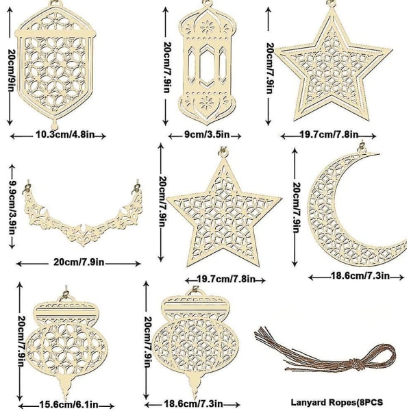 8 st Islam Ramadan trähänge prydnad, ramadan Kareem dekoration, månen Star Wind Ljus form hänge prydnad för muslimska Ramadan Mubarak Eid Party