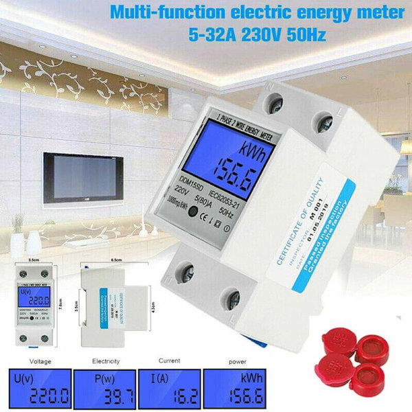LCD AC-amperemeter kalibrerad för DIN-topphatt-skena 5(80)A AC 230V