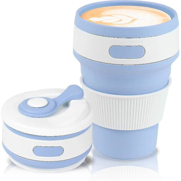 Hopfällbara muggar, 2 bärbara silikonmuggar, resemuggar för kaffe, återanvändbara hopfällbara resemuggar, campingmuggar med lock och fällbart lock
