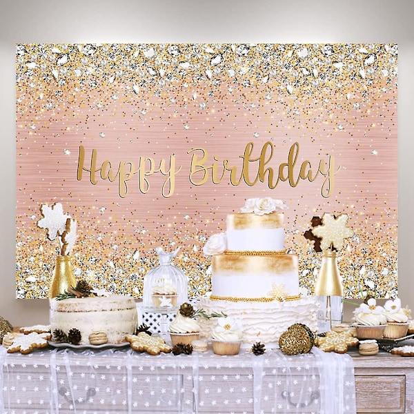 Hyvää syntymäpäivää Taustakangas Timantit Kiiltävät Bokeh Vaaleanpunainen Ja Kulta Piste Glitter Sparkle Valokuvaustaustaksi Tyttöjen Juhliin Koristeluun (110cm*180cm)