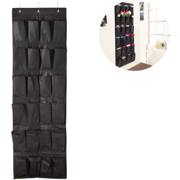 The Door Shoe Organizer Hængende garderobeholder Tøjbøjle Opbevaringstaskestativ med 24 store netlommer Non-woven opbevaringstaske, sort