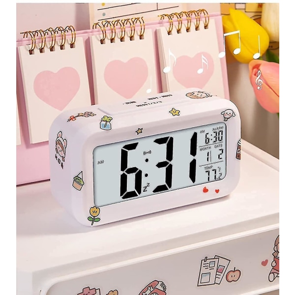 Väckarklocka med nattljus, liten och lättläst stora siffror. Batteridriven väckarklocka för barn och vuxna Skrivbord med söta klistermärken. Vit