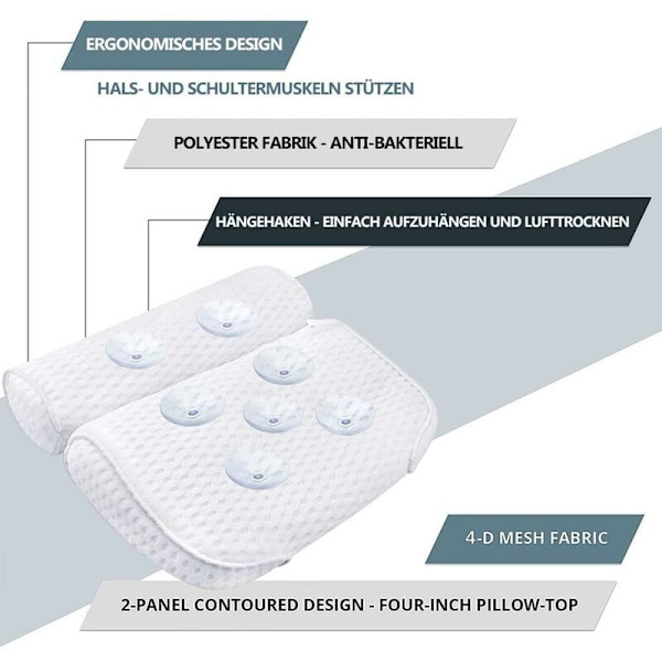 Badkuddar, lyxiga bad- och wellnesskuddar med 4D Air Mesh-teknik och 7 sugkoppar