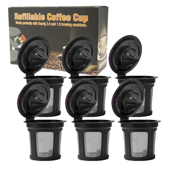 Kaffekapslar för K Cup Påfyllningsbara Återanvändbara Kaffe Filter Förstora nätmask Stor inlopp med borste och sked för Keurig 2.0 och 1.0 8-pack
