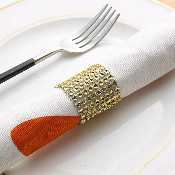 50 st Bling Diamant Rhinestone Mesh Wrap Servett Ring Bröllopsdekoration Guld
