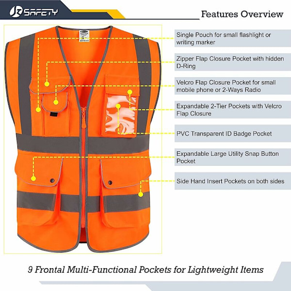 9-fickor Klass 2 Hög Synlighet Väst med Främre Reflekterande Remsor, Orange Uppfyller EN ISO 20471 Standarder - Unisex (X-Large)