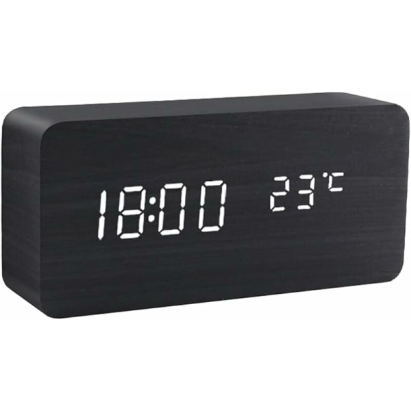 Multicolor Ljudkontroll USB/AAA Datum Display Trä LED Skrivbordsbord - Svart