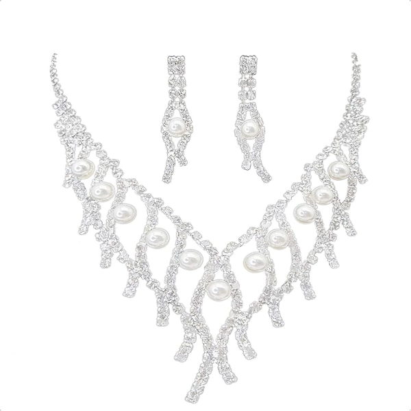 Kvinnors strass halsband och örhängen Set, Pearl bröllop brud smycken Set present