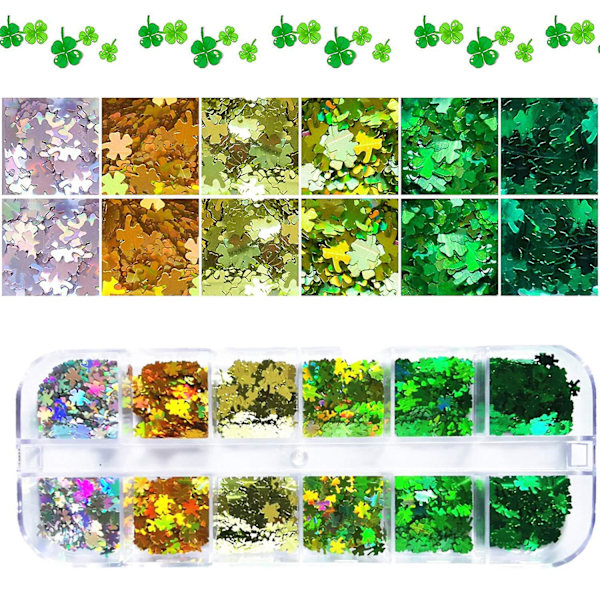 Shamrock Nagelsticker Dekaler Nagelglitter St. Patrick's Day Klöver Glittrande 3D Nagelkonstmaterial Flakes Holografisk 12 Rutor Färgglad Grön Glitter S