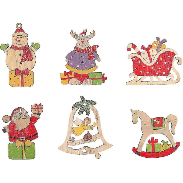 Hängande julgransdekoration i trä, hängande juldekorationer i trä, färgglada dekorativa set, med 6 fack förvaringslåda, Strin