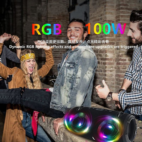 100W Hög Effekt Trådlös TWS Subwoofer Bärbar Vattentät Kort Högtalare RGB Färgrik Roterande Blinkande Ljus Bluetooth Högtalare (S, Grå)