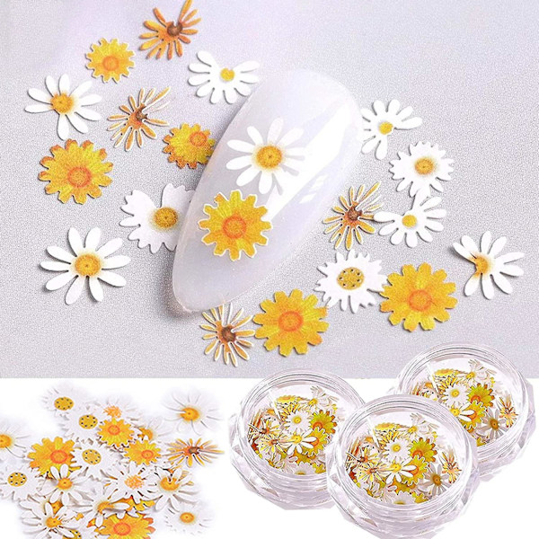 Katea 3 Ask 3D Blomster Nagelstickers Holografisk Simuleringsblomma Blad Nagel Glitter Sekvens Akryl Pailletter Romantiska Prästkragar Blommor Design Ultra T