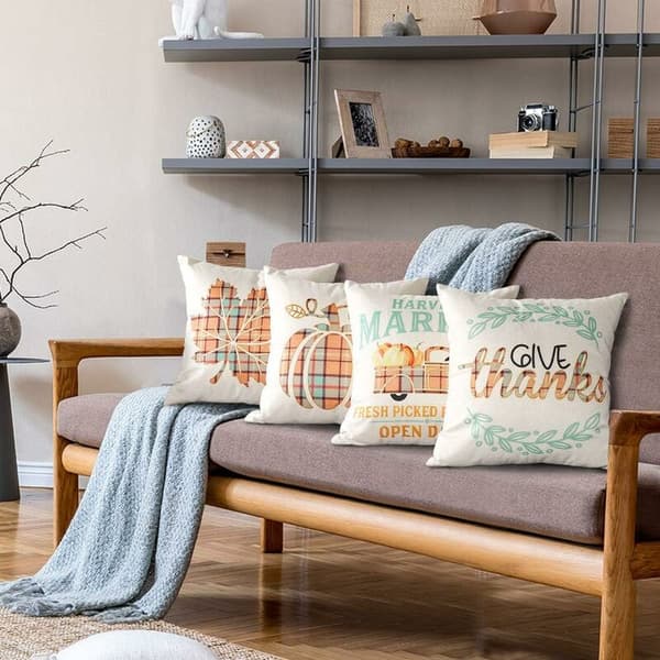 Set med 4 dekorativa kuddfodral 45 x 45 cm, polyester linne kuddfodral hösttema kuddar
