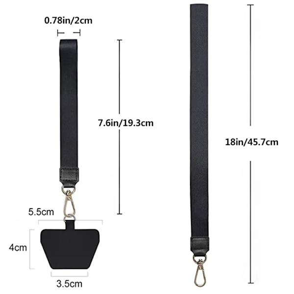 2-pack mobiltelefonkedja, snodd, universell nackrem, förlängbar snäppkrok för alla mobiltelefoner (1 nackrem + 1 handledsrem, svart)