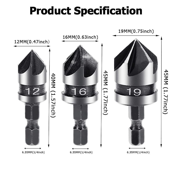 3-delad (12 16 19 mm) metall försänkt fasningsborr set verktyg, 5-egg 90 graders fasningsborr