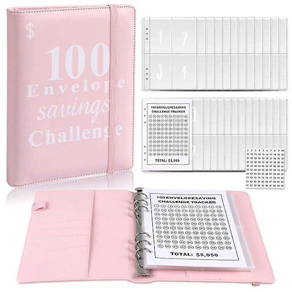 100 kuvert sparande utmaning pärm, återanvändbar A5 budget pärm utmaningar bok rosa