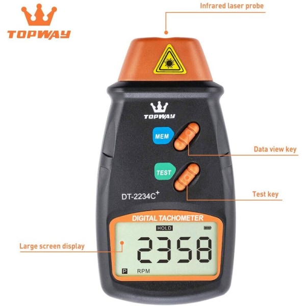 Digital bärbar beröringsfri LCD-laserhastighetsmätare (område 2,5-99 999 RPM) för motorer, hjul, fläktar + bärväska