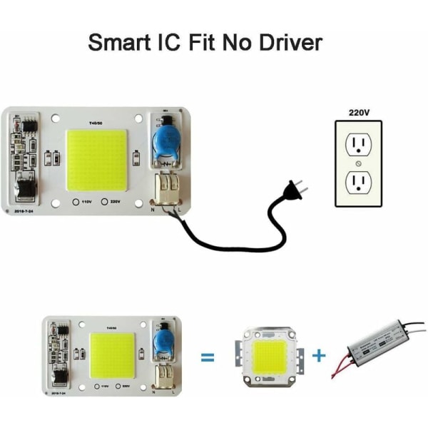 2 st LED-chip 50W Vit 6000K 220V COB LED-chip Ingen lödning krävs Inbyggd Smart IC-drivrutin för LED-strålkastare