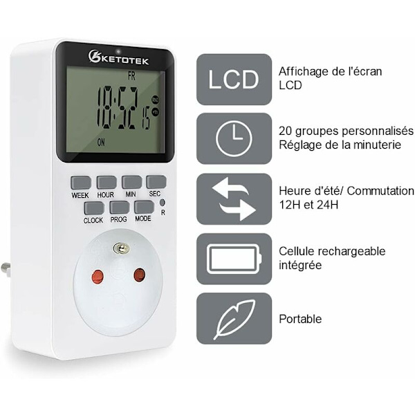 Stikkontakt med digital timer 16A 3600W LCD-display 20 grupper Til/Fra Programmerbar timer 24 timer 7 dage AC220V Energibesparende stikkontakt
