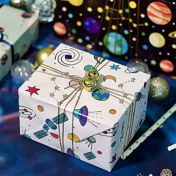 6 ark presentpapper födelsedag, pojkar yttre rymddesign presentpapper