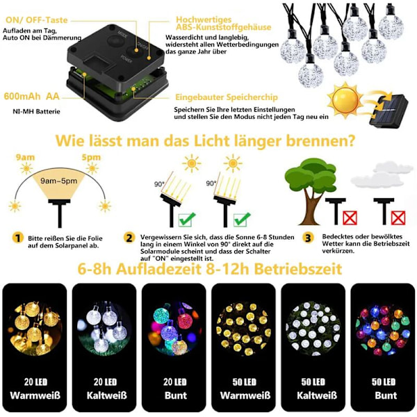 5M LED solcellslampor ljusslingor, inomhus utomhus julbelysning, utomhus trädgårdsdekoration, färgglad