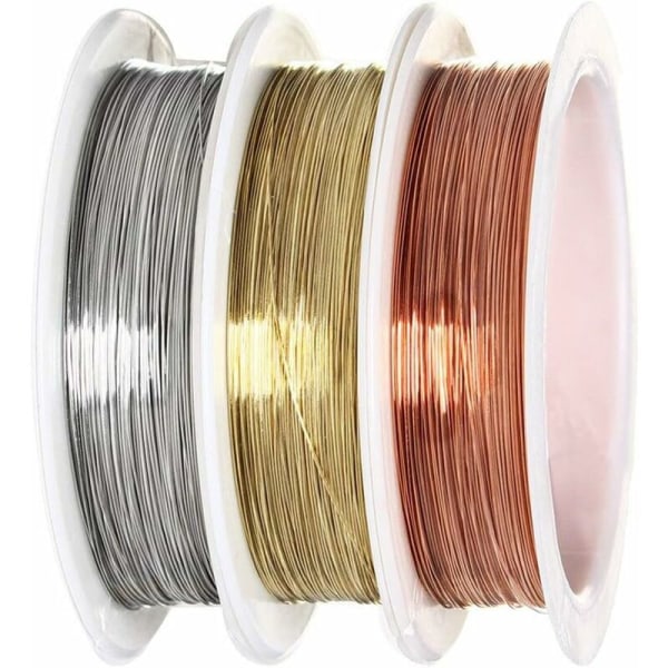 Smykketråd, 0,3 mm metallisk kobbertråd, smykketrådsæt med perletråd, guld, sølv, kobber, 3 ruller（15m3 mm）