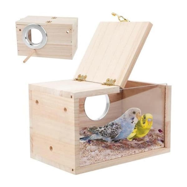 Fuglehus, træ, gennemsigtig side, 5,5 cm åbning, til bur, undulater, nymfeparakitter, dværgpapegøjer.