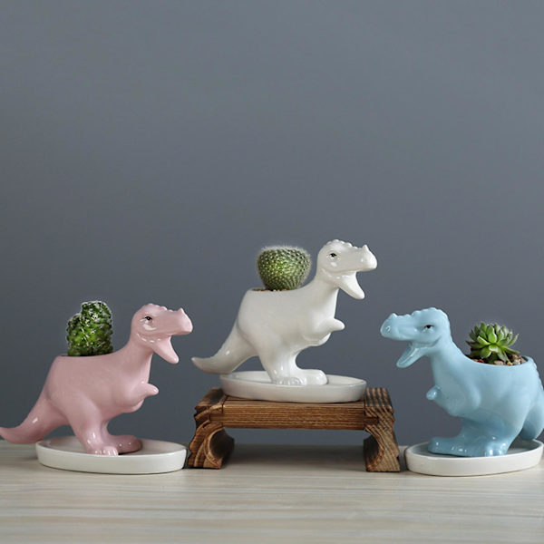 Söta dinosaurie-succulent planterkruka med dräneringsbricka i keramik, behållare för kaktusblommor, djur-bonsaihållare
