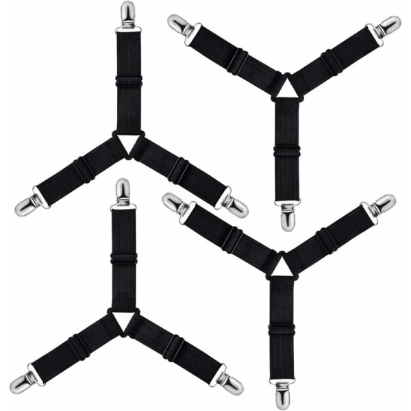 Triangulär justerbar lakansspännare, fästrem för sängkläder, lakan, strykbrädesöverdrag, madrass, soffa (svart, 4-pack)