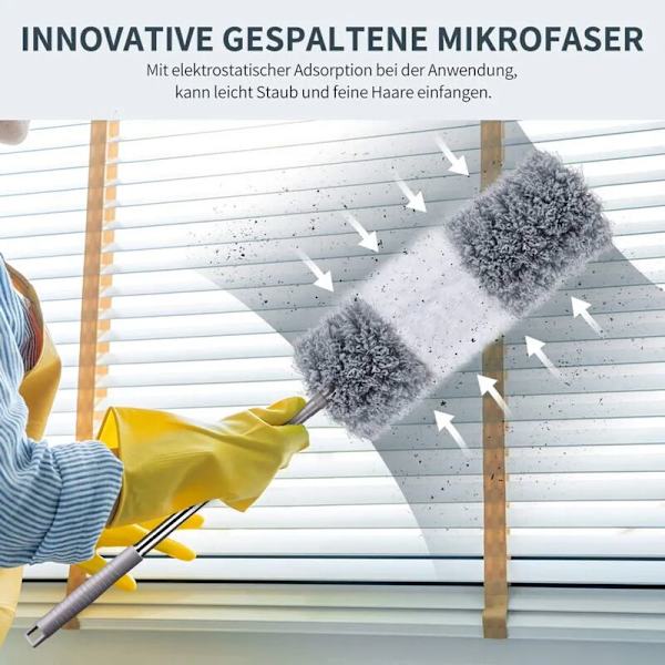 Fjädervippset teleskopiskt set med 2 huvuden mikrofiberdammmopp tvättbar, långt rostfritt stål teleskophandtag 45-257cm