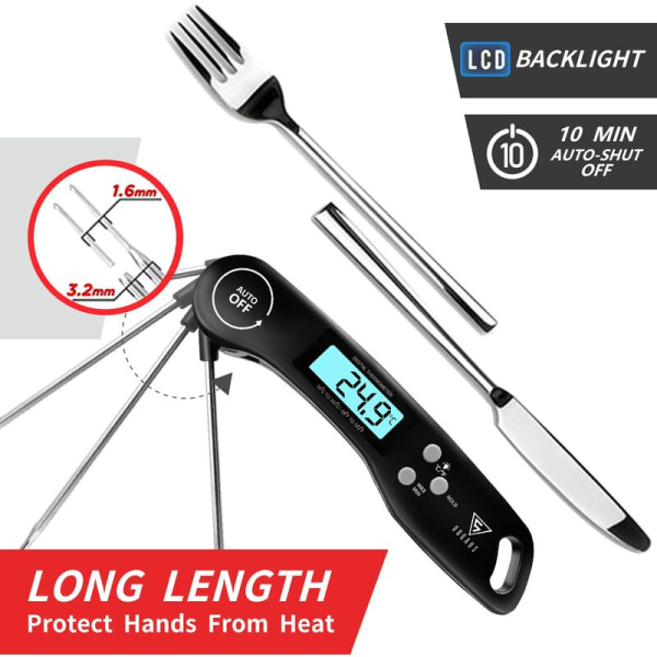 Kötttermometer - 3s Snabbavläsning Matlagnings Termometer - Kött Termometer med LCD-bakgrundsbelysning - Fällbar Sond för Matlagning/Kött/BBQ/Biff