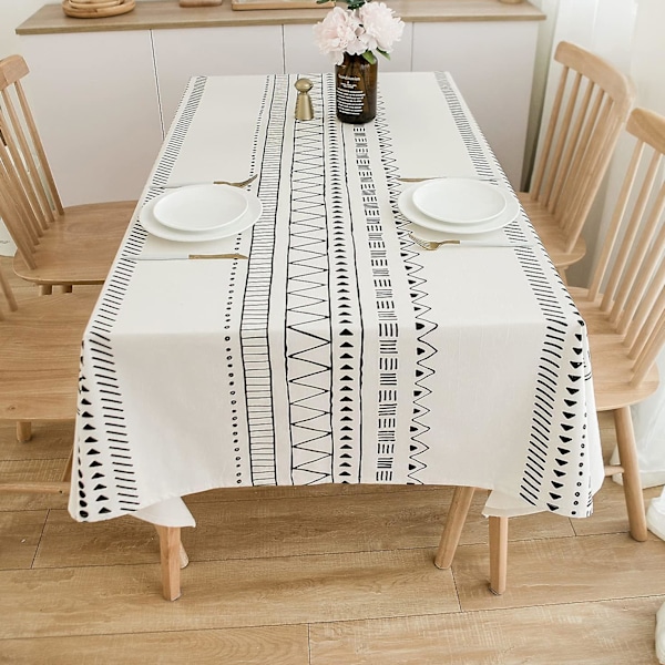 Bomullslinne Duksar Tunga Tyg Boho Bordsskydd Bordsskiva Duk För Lanthus Kaffe Kök Picknick Vit Svart (Rektangel/Lång, 55\" X