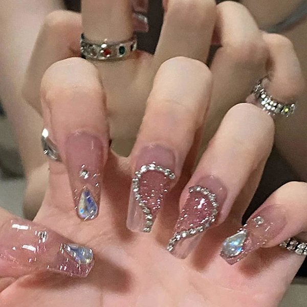 Manikyrset, Press-on Medium Nails, Glasfranska Spetsar, 24-delars Set med Falska Naglar