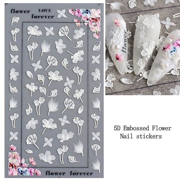 Blomster Nagelsticker Dekaler 5d Hålgraverad Utsökt Mönster Nagelkonst Tillbehör Självhäftande Lyxig Nagelkonst Dekoration Vit Fjäder Spets Blomma Löv