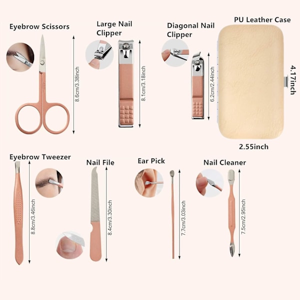 Manikyrsett for Kvinner - Negleklippersett 8-i-1 i Rustfritt Stål - Tå- og Fingernegleklipper - Personlig Pleieverktøy med Bærbar Reiseetui - Pedikyrverktøy for Kvinner