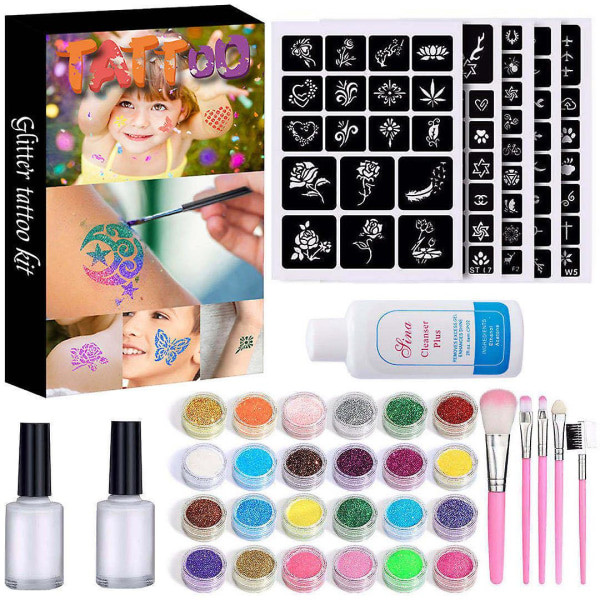 Set, 24 färger Tillfälliga kosmetiska glittertatueringar Kit/kroppssminkning Kroppsansikte Glittertatueringar