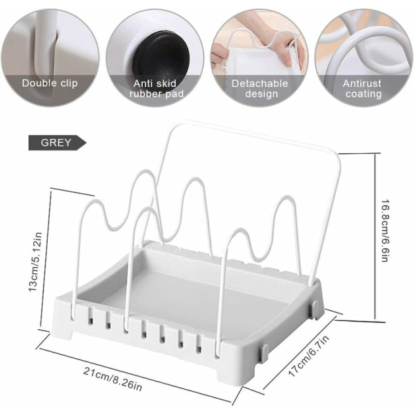 Grytunderlägg, lockhållare, grytlockorganisatör, tillverkad av PP + ståltråd, hållbar, U-formad hållare, justerbar, för grytlock, kastrull (1 st, grå)