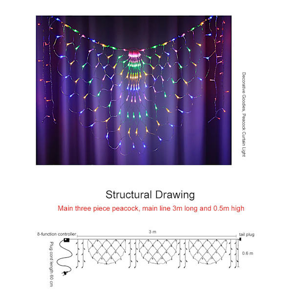Led Light String Peacock Net Light Fisknät Light 3mx0.6mWhite