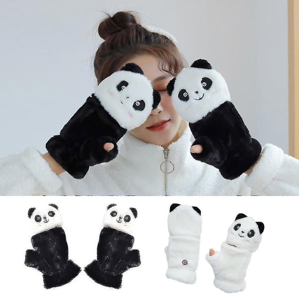 Plush Panda Vantar med Vändbar Halvfinger Djurvantar Elastiska Vantar