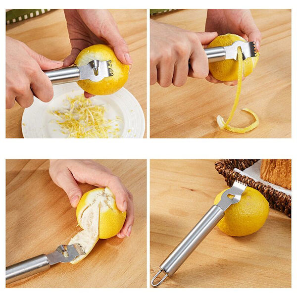 Rostfritt stål citronhyvel, metallsrapa, köksredskap, multifunktionell fruktskalare, apelsinskalare