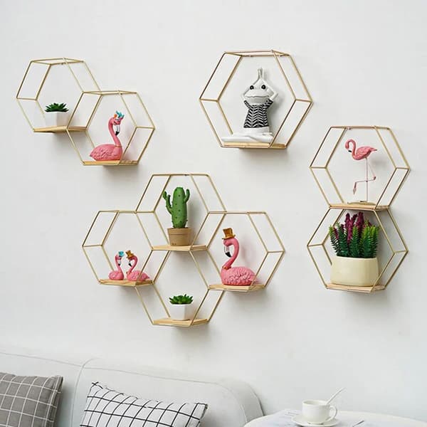 Multifunktionel nordisk stil jernvæghylde Geometrisk solid sekskantet hylde til hjemmet Sort M